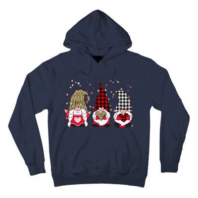 Three Gnomes Holding Leopard Heart & Plaid Valentine's Day Funny Tall Hoodie