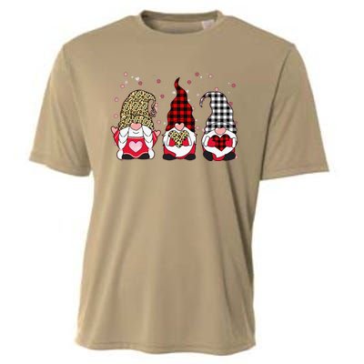 Three Gnomes Holding Leopard Heart & Plaid Valentine's Day Funny Cooling Performance Crew T-Shirt