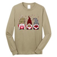 Three Gnomes Holding Leopard Heart & Plaid Valentine's Day Funny Long Sleeve Shirt