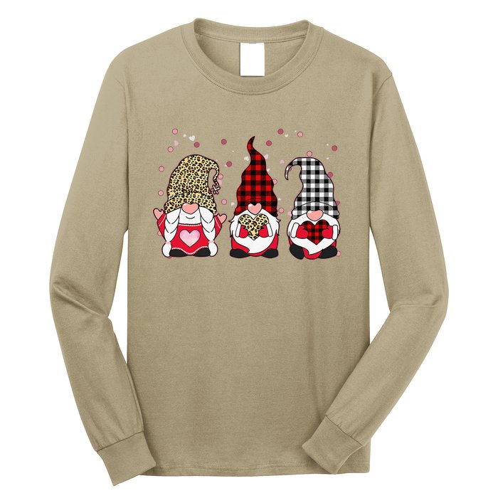 Three Gnomes Holding Leopard Heart & Plaid Valentine's Day Funny Long Sleeve Shirt