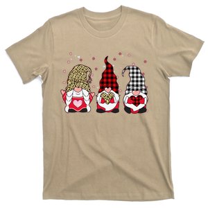 Three Gnomes Holding Leopard Heart & Plaid Valentine's Day Funny T-Shirt