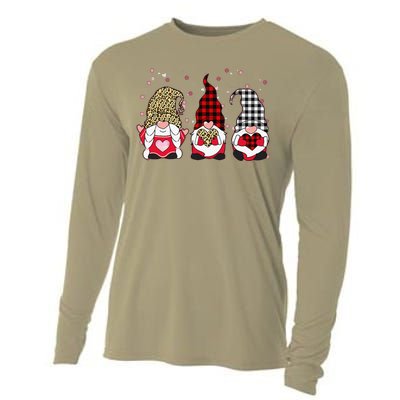 Three Gnomes Holding Leopard Heart & Plaid Valentine's Day Funny Cooling Performance Long Sleeve Crew