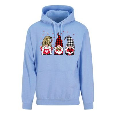 Three Gnomes Holding Leopard Heart & Plaid Valentine's Day Funny Unisex Surf Hoodie