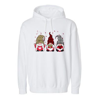 Three Gnomes Holding Leopard Heart & Plaid Valentine's Day Funny Garment-Dyed Fleece Hoodie