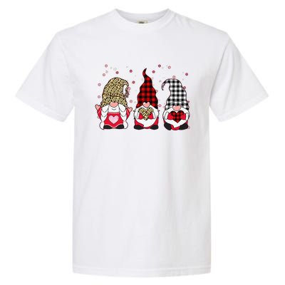 Three Gnomes Holding Leopard Heart & Plaid Valentine's Day Funny Garment-Dyed Heavyweight T-Shirt