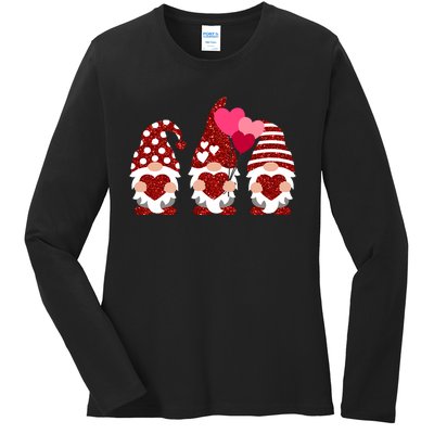 Three Gnomes Holding Heart Balloons Valentine's Day Couple Ladies Long Sleeve Shirt