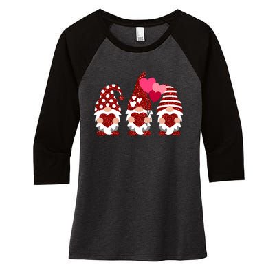 Three Gnomes Holding Heart Balloons Valentine's Day Couple Women's Tri-Blend 3/4-Sleeve Raglan Shirt