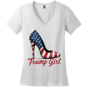 Trump Girl High Heel Stilettos American Flag Trump 2024 Women's V-Neck T-Shirt