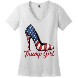 Trump Girl High Heel Stilettos American Flag Trump 2024 Women's V-Neck T-Shirt