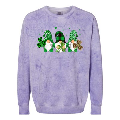 Three Gnomes Holding Shamrock Leopard Plaid St Patrick's Day Colorblast Crewneck Sweatshirt