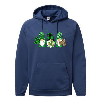 Three Gnomes Holding Shamrock Leopard Plaid St Patrick's Day Performance Fleece Hoodie