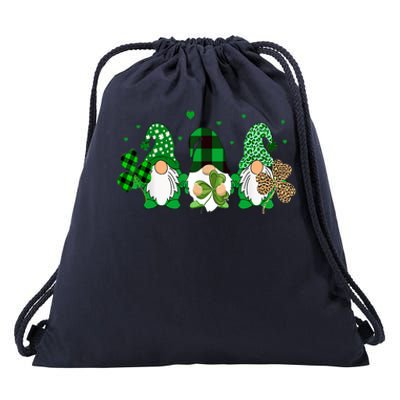 Three Gnomes Holding Shamrock Leopard Plaid St Patrick's Day Drawstring Bag