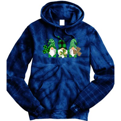 Three Gnomes Holding Shamrock Leopard Plaid St Patrick's Day Tie Dye Hoodie