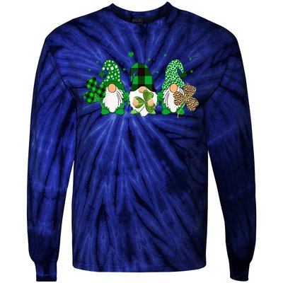 Three Gnomes Holding Shamrock Leopard Plaid St Patrick's Day Tie-Dye Long Sleeve Shirt