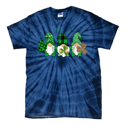 Three Gnomes Holding Shamrock Leopard Plaid St Patrick's Day Tie-Dye T-Shirt