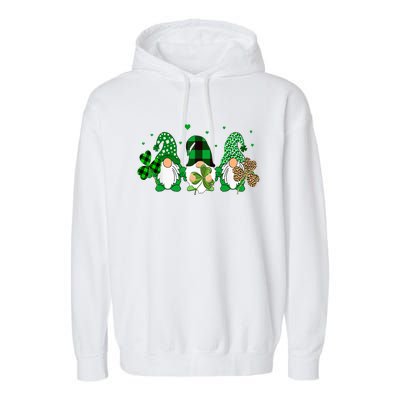 Three Gnomes Holding Shamrock Leopard Plaid St Patrick's Day Garment-Dyed Fleece Hoodie