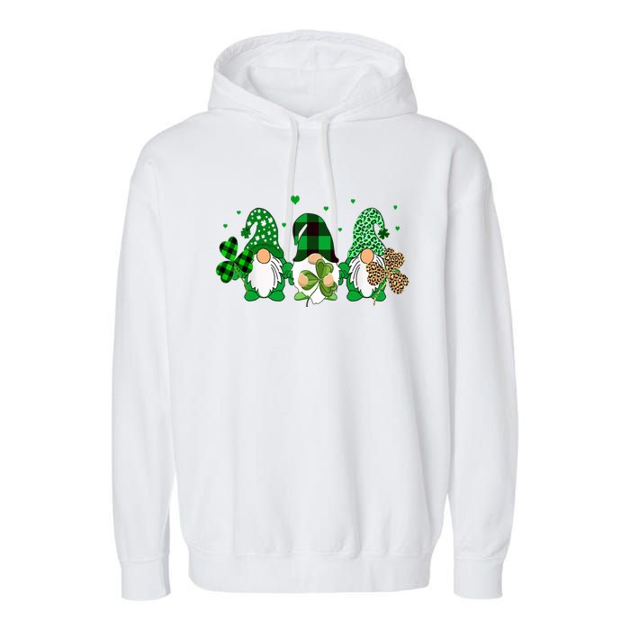 Three Gnomes Holding Shamrock Leopard Plaid St Patrick's Day Garment-Dyed Fleece Hoodie