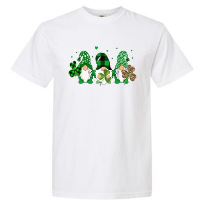 Three Gnomes Holding Shamrock Leopard Plaid St Patrick's Day Garment-Dyed Heavyweight T-Shirt