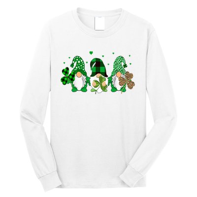 Three Gnomes Holding Shamrock Leopard Plaid St Patrick's Day Long Sleeve Shirt