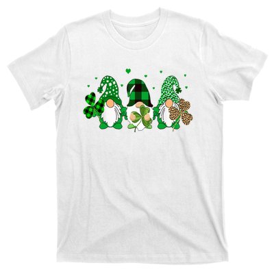 Three Gnomes Holding Shamrock Leopard Plaid St Patrick's Day T-Shirt