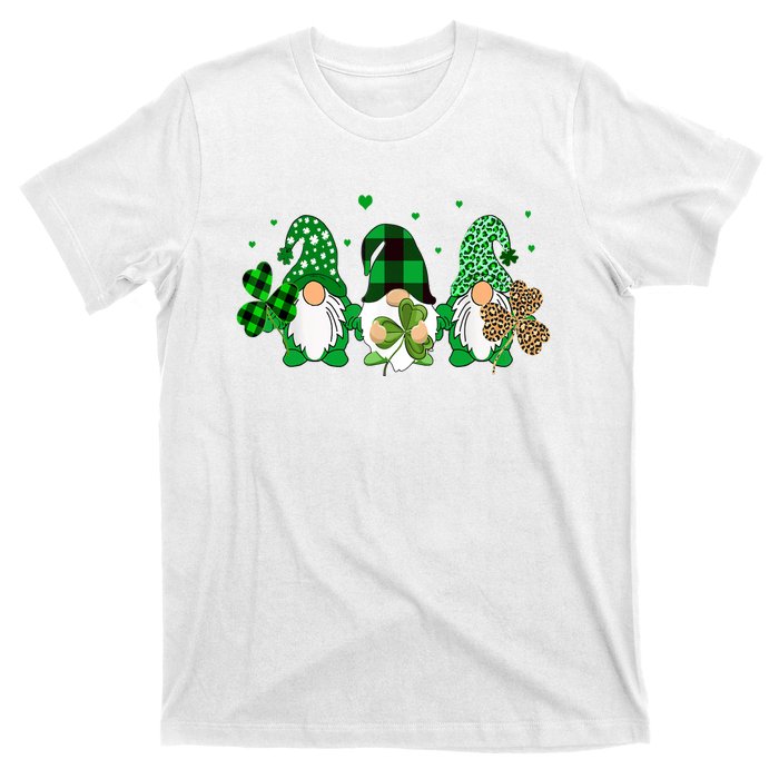 Three Gnomes Holding Shamrock Leopard Plaid St Patrick's Day T-Shirt