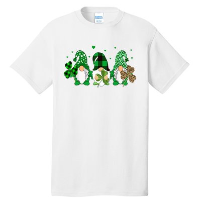 Three Gnomes Holding Shamrock Leopard Plaid St Patrick's Day Tall T-Shirt