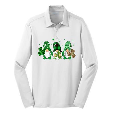 Three Gnomes Holding Shamrock Leopard Plaid St Patrick's Day Silk Touch Performance Long Sleeve Polo