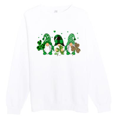 Three Gnomes Holding Shamrock Leopard Plaid St Patrick's Day Premium Crewneck Sweatshirt