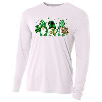 Three Gnomes Holding Shamrock Leopard Plaid St Patrick's Day Cooling Performance Long Sleeve Crew