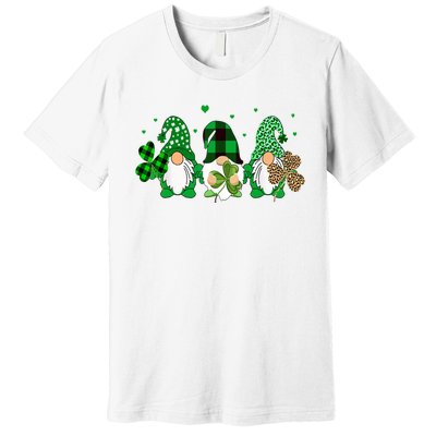 Three Gnomes Holding Shamrock Leopard Plaid St Patrick's Day Premium T-Shirt