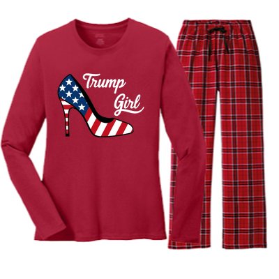 Trump Girl High Heels Stilettos American Flag Trump 2024 Republican Trump Merch Women's Long Sleeve Flannel Pajama Set 