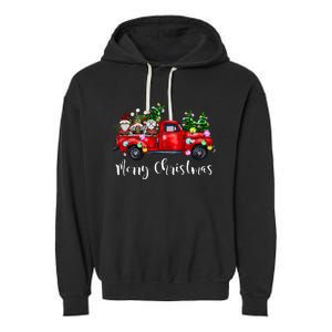 Three Gnomes In Red Truck Merry Christmas Tree Light Gnomies Garment-Dyed Fleece Hoodie