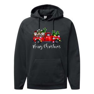 Three Gnomes In Red Truck Merry Christmas Tree Light Gnomies Performance Fleece Hoodie