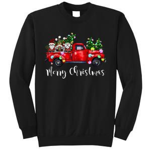 Three Gnomes In Red Truck Merry Christmas Tree Light Gnomies Sweatshirt