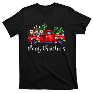 Three Gnomes In Red Truck Merry Christmas Tree Light Gnomies T-Shirt