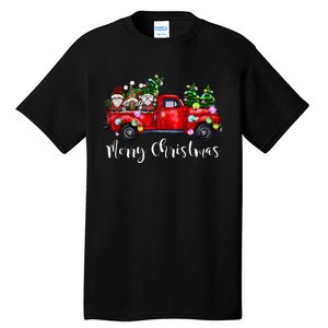 Three Gnomes In Red Truck Merry Christmas Tree Light Gnomies Tall T-Shirt