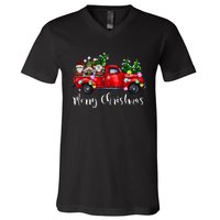 Three Gnomes In Red Truck Merry Christmas Tree Light Gnomies V-Neck T-Shirt