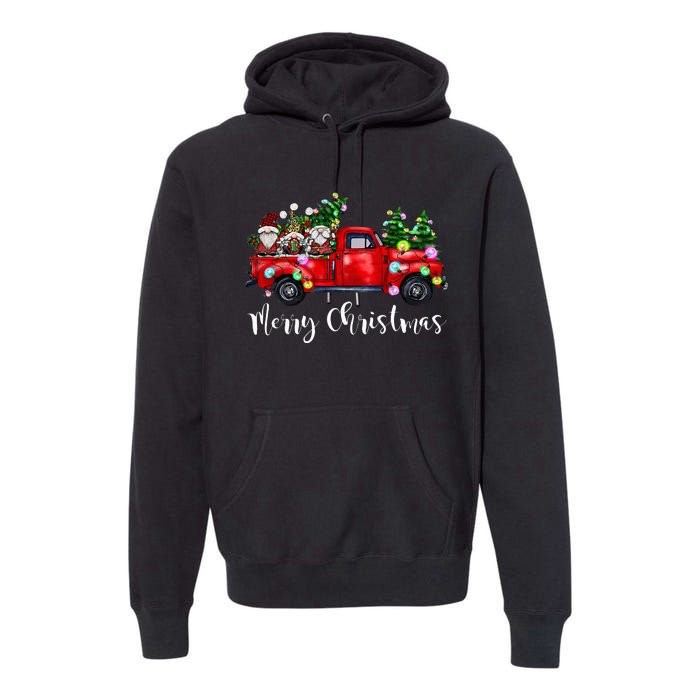 Three Gnomes In Red Truck Merry Christmas Tree Light Gnomies Premium Hoodie