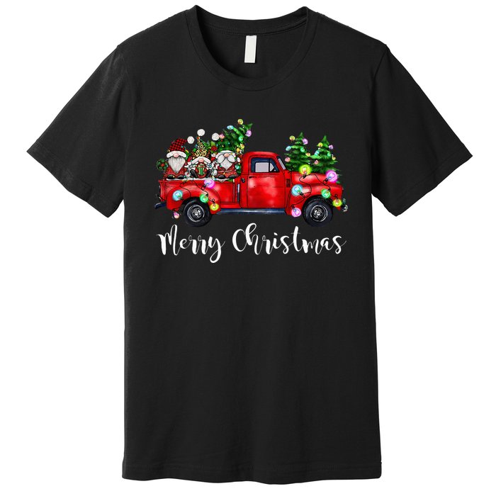 Three Gnomes In Red Truck Merry Christmas Tree Light Gnomies Premium T-Shirt