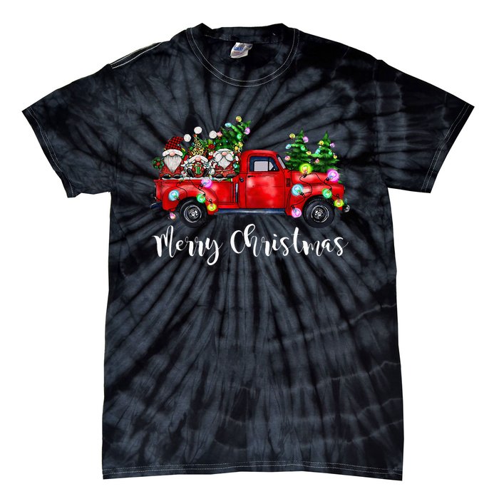 Three Gnomes In Red Truck Merry Christmas Tree Light Gnomies Tie-Dye T-Shirt