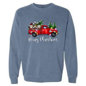 Three Gnomes In Red Truck Merry Christmas Tree Light Gnomies Garment-Dyed Sweatshirt