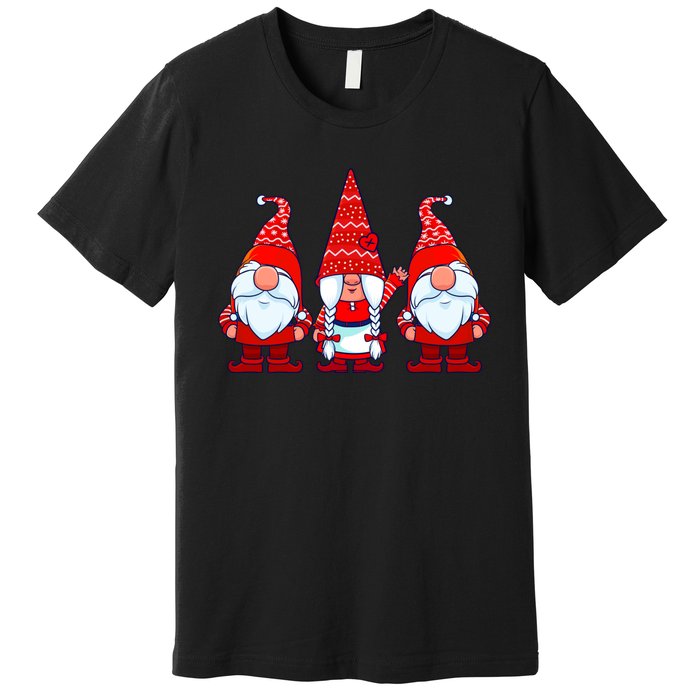 Three Gnomes In Red Costume Christmas Cute Holiday Xmas Gift Premium T-Shirt