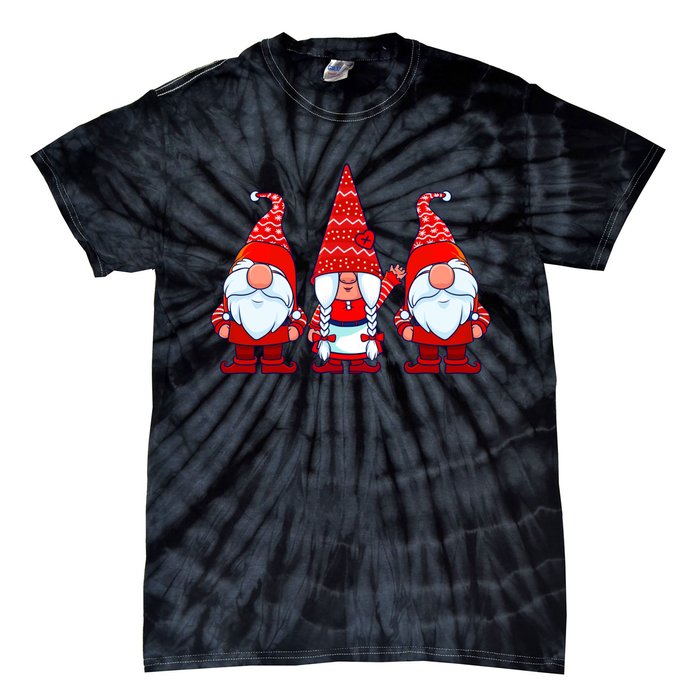 Three Gnomes In Red Costume Christmas Cute Holiday Xmas Gift Tie-Dye T-Shirt