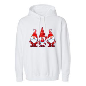 Three Gnomes In Red Costume Christmas Cute Holiday Xmas Gift Garment-Dyed Fleece Hoodie