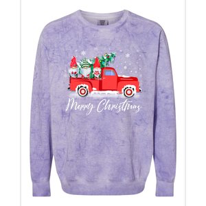 Three Gnomes In Red Truck With Merry Christmas Tree Colorblast Crewneck Sweatshirt