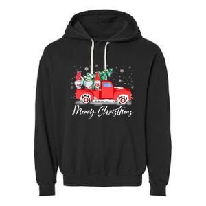 Three Gnomes In Red Truck With Merry Christmas Tree Garment-Dyed Fleece Hoodie