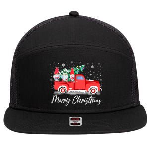 Three Gnomes In Red Truck With Merry Christmas Tree 7 Panel Mesh Trucker Snapback Hat