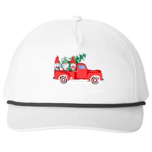 Three Gnomes In Red Truck With Merry Christmas Tree Snapback Five-Panel Rope Hat