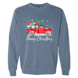 Three Gnomes In Red Truck With Merry Christmas Tree Garment-Dyed Sweatshirt