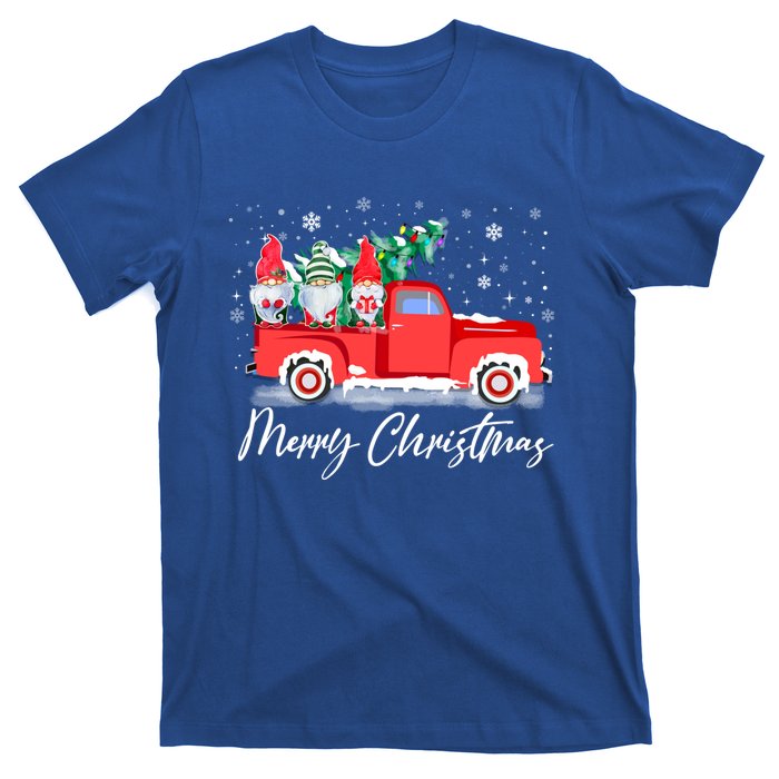 Three Gnomes In Red Truck With Merry Christmas Tree T-Shirt